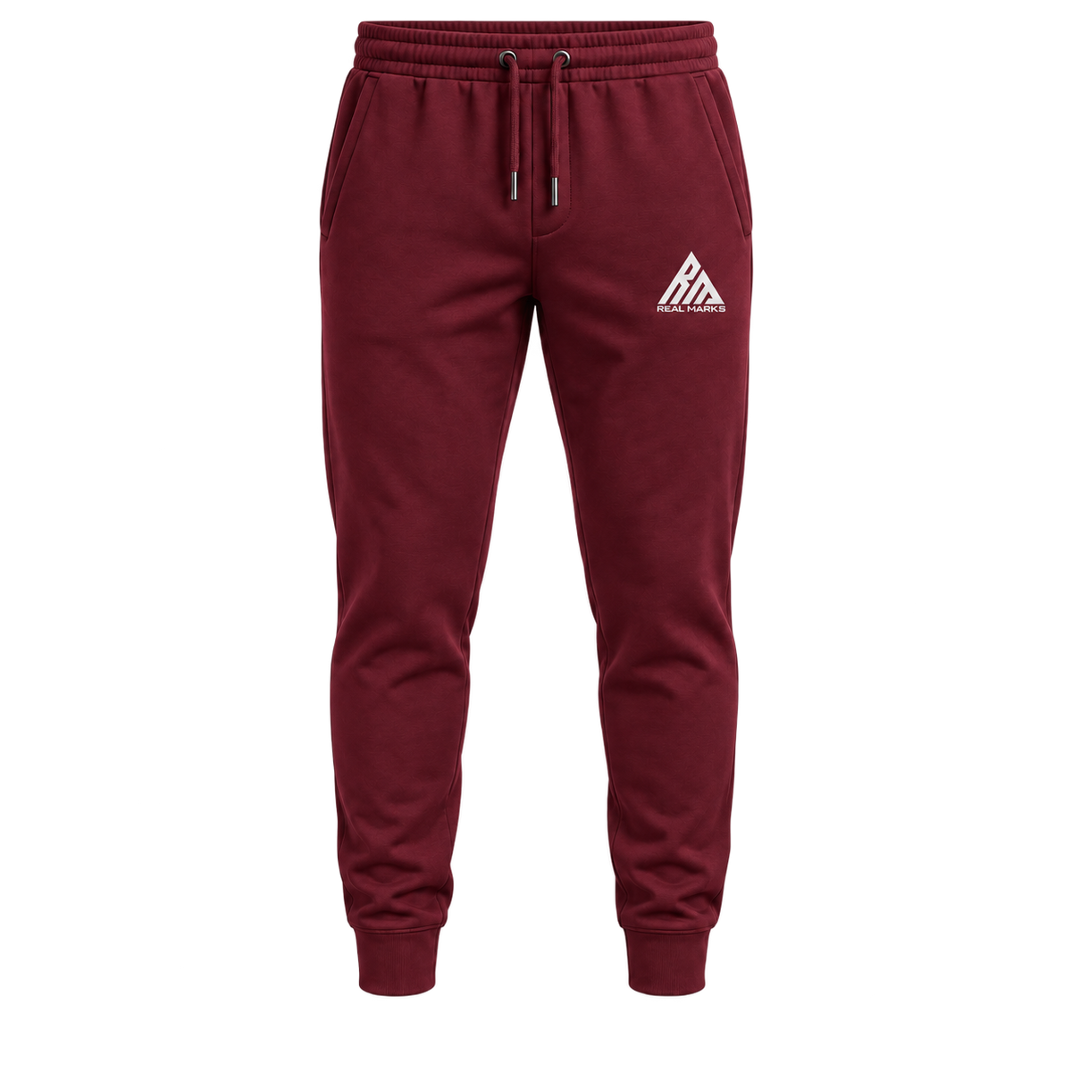 Real Marks men's Tapered Everyday Joggers in burgundy with full Real Marks logo, front view