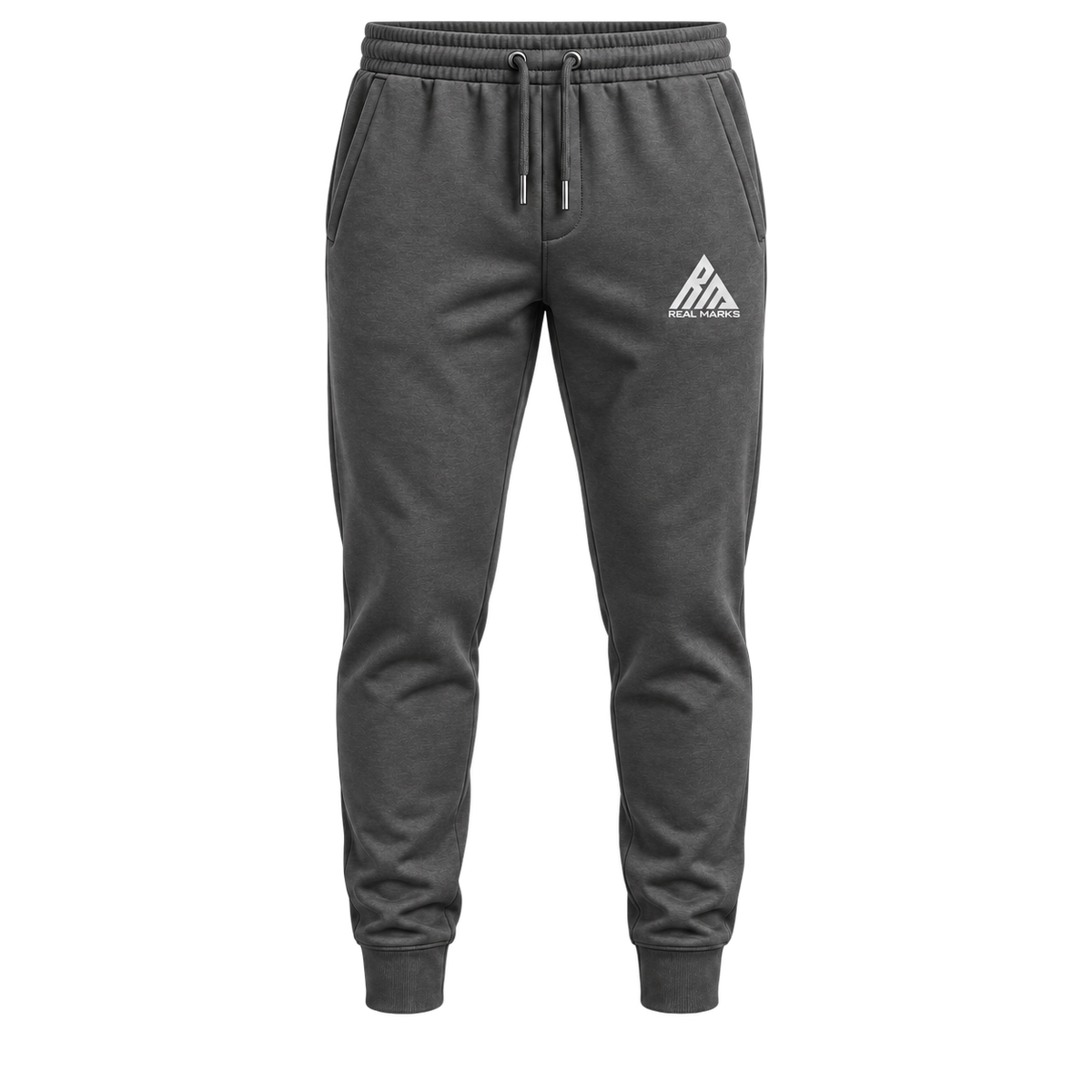 Real Marks men's Tapered Everyday Joggers in charcoal with full Real Marks logo, front view