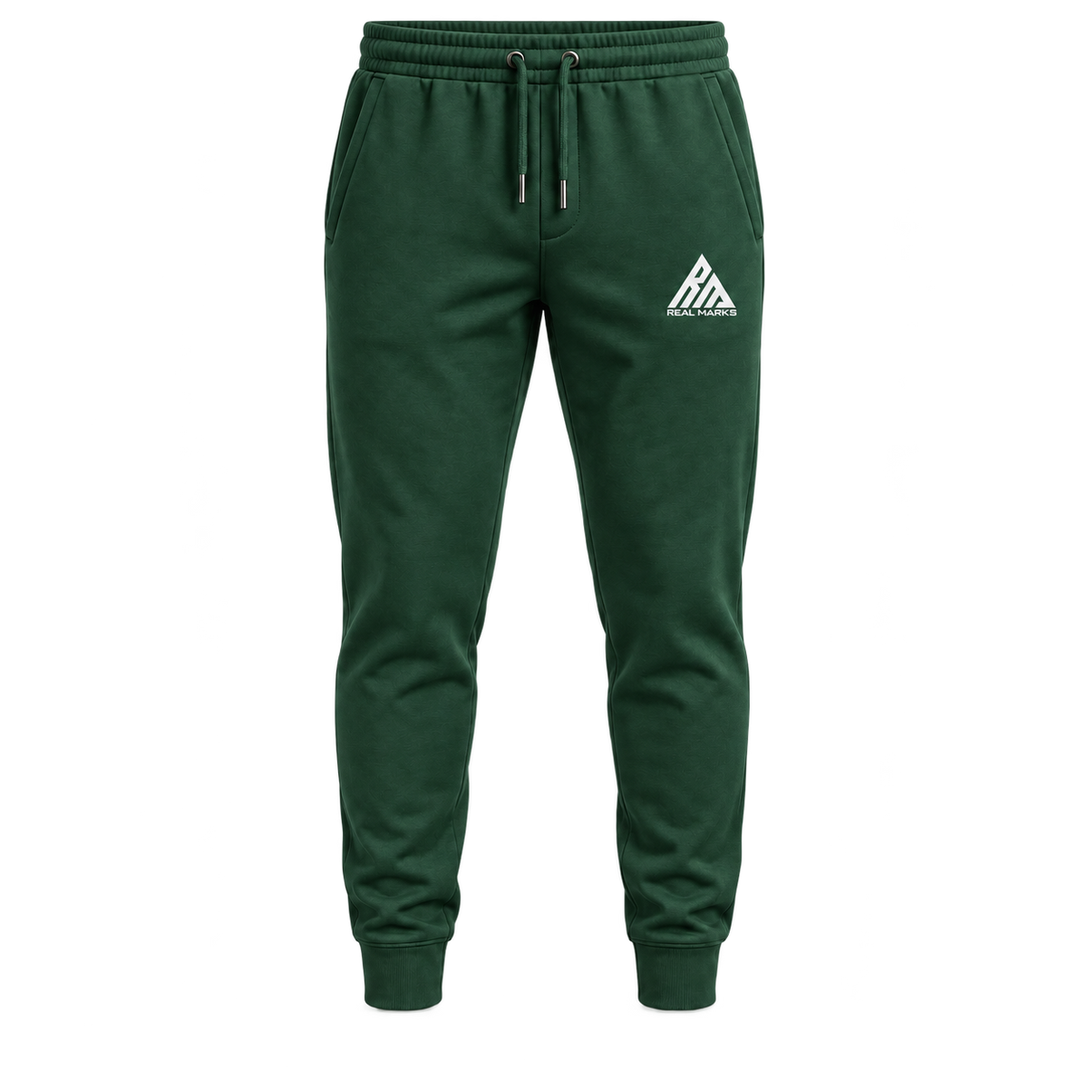 Real Marks men's Tapered Everyday Joggers in forest green with full Real Marks logo, front view