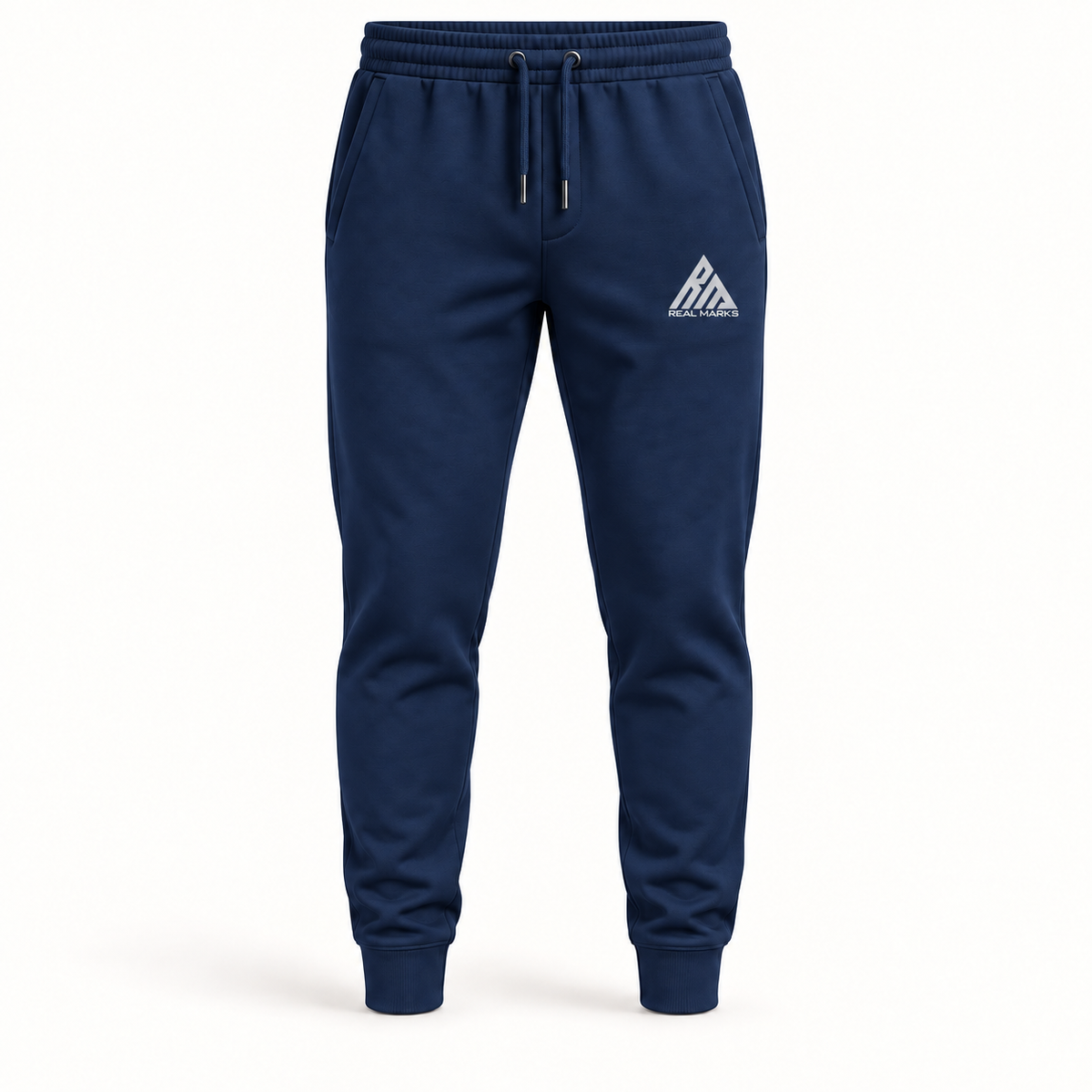 Real Marks men's Tapered Everyday Joggers in navy with full Real Marks logo, front view