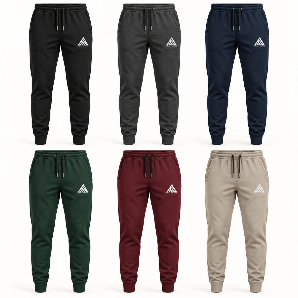 Real Marks men's Tapered Everyday Joggers shown in six colors with full Real Marks logo