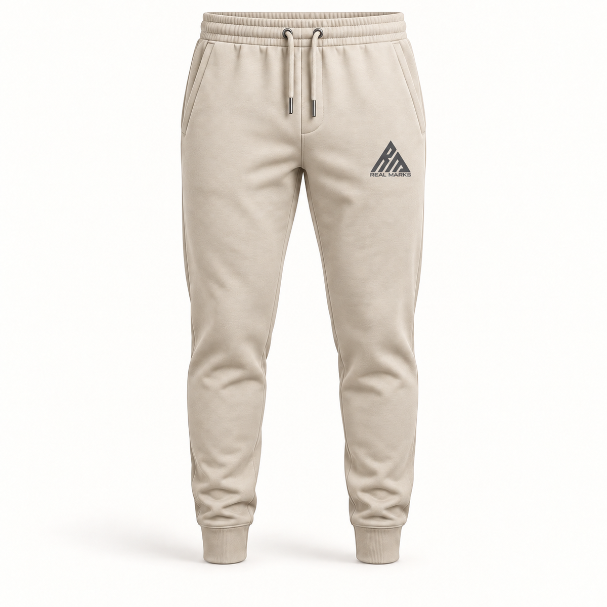 Real Marks men's Tapered Everyday Joggers in stone with full Real Marks logo, front view