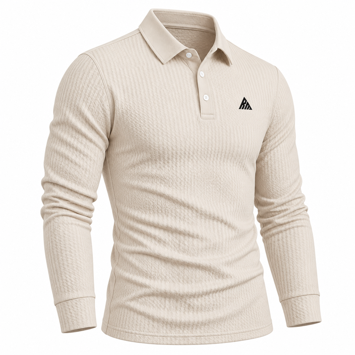 Real Marks textured long-sleeve polo cream angle — design mockup