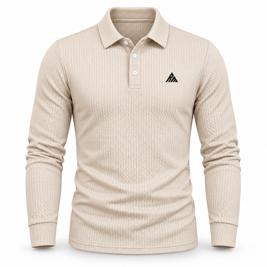 Real Marks textured long-sleeve polo cream hero — design mockup
