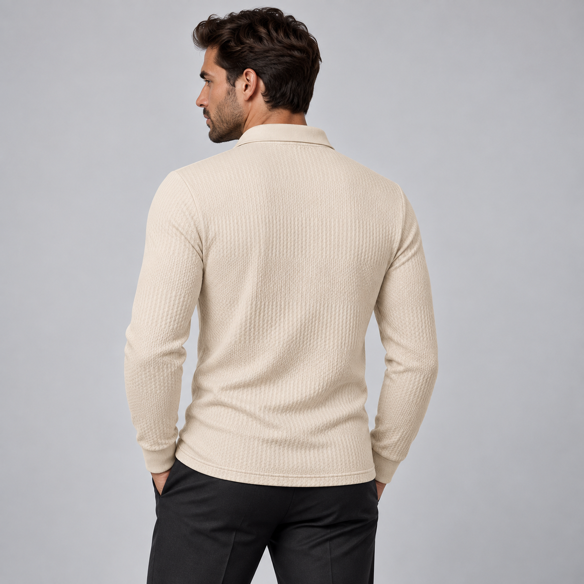 Real Marks textured polo model back — design mockup