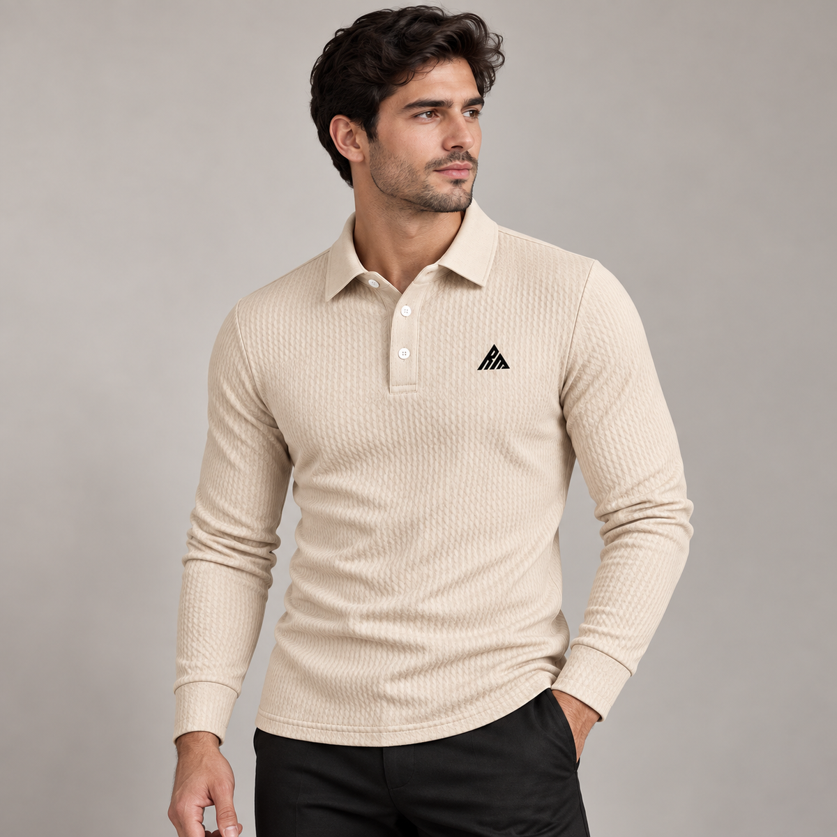 Real Marks textured polo studio model — design mockup