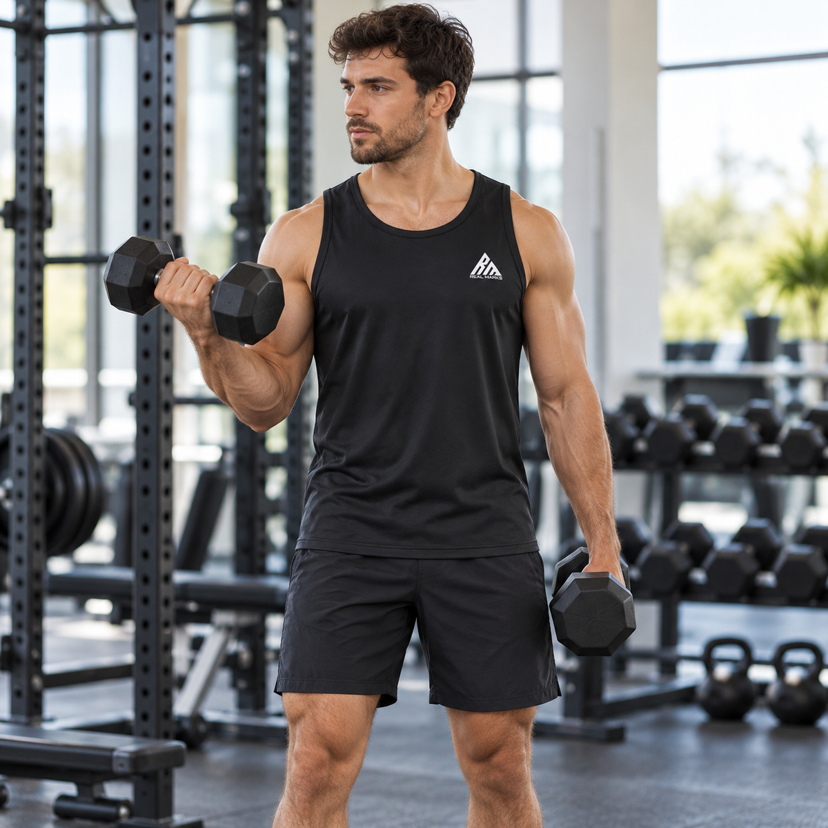 Man training in a gym wearing the black Real Marks training tank
