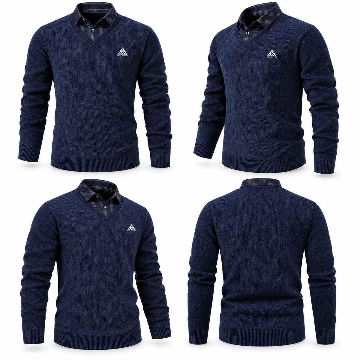 Multiple-angle view of Real Marks navy V-neck knit sweater