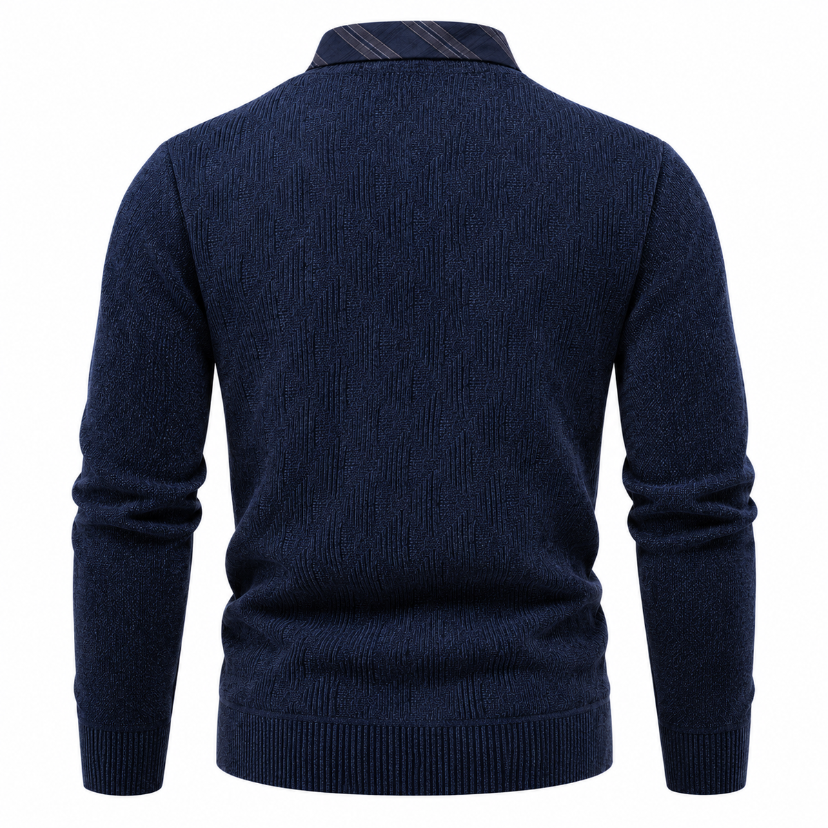 Back view of Real Marks navy V-neck knit sweater