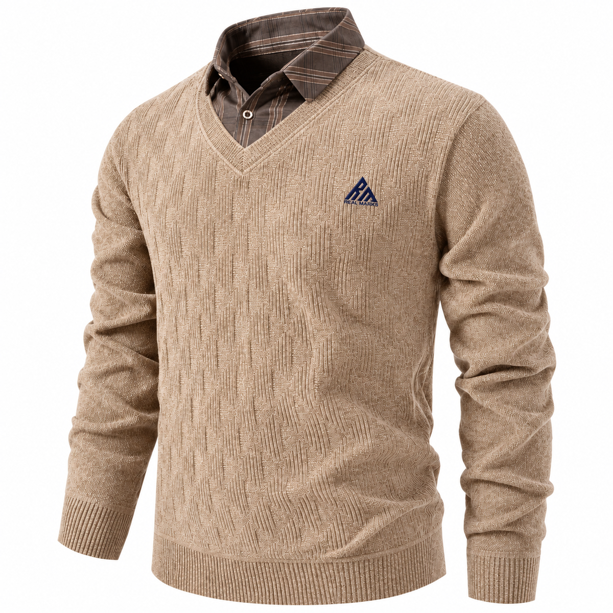 Real Marks men's V-neck knit sweater in beige