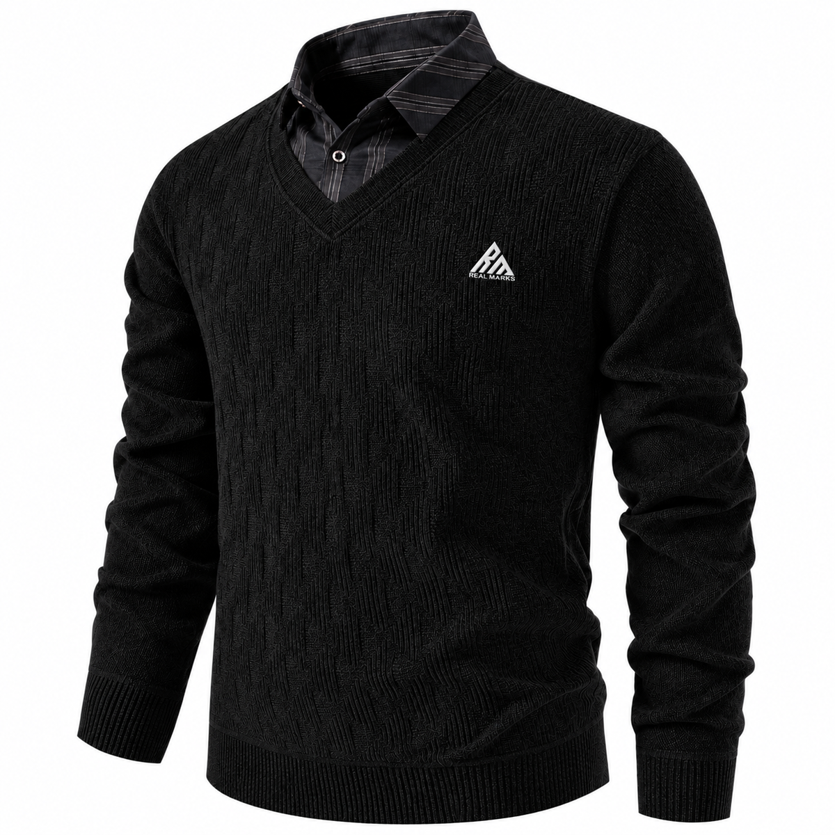 Real Marks men's V-neck knit sweater in black