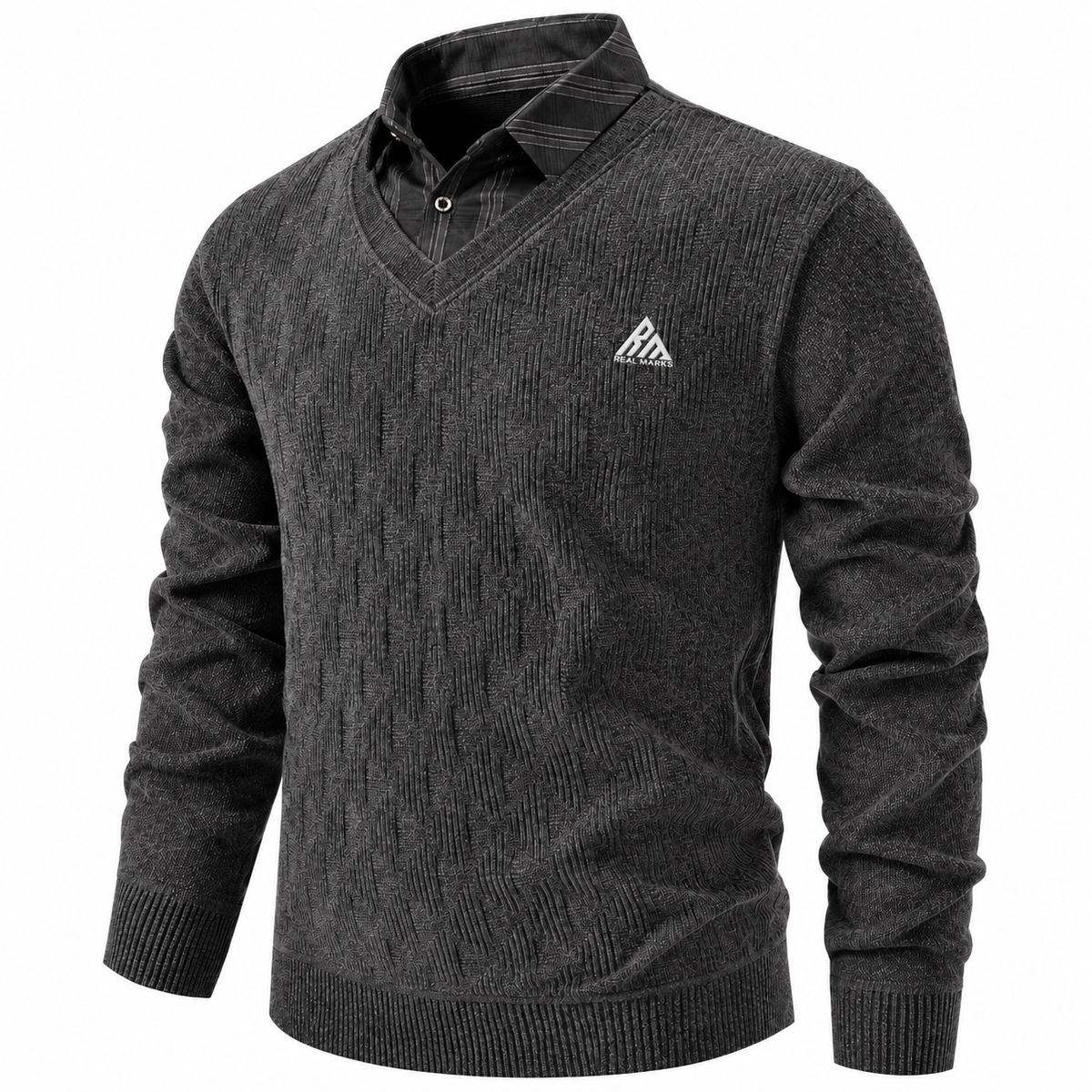 Real Marks men's V-neck knit sweater in charcoal gray