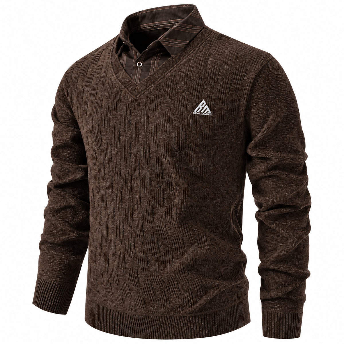 Real Marks men's V-neck knit sweater in dark brown