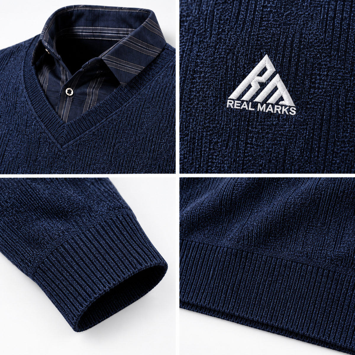 Close-up details of Real Marks navy V-neck knit sweater