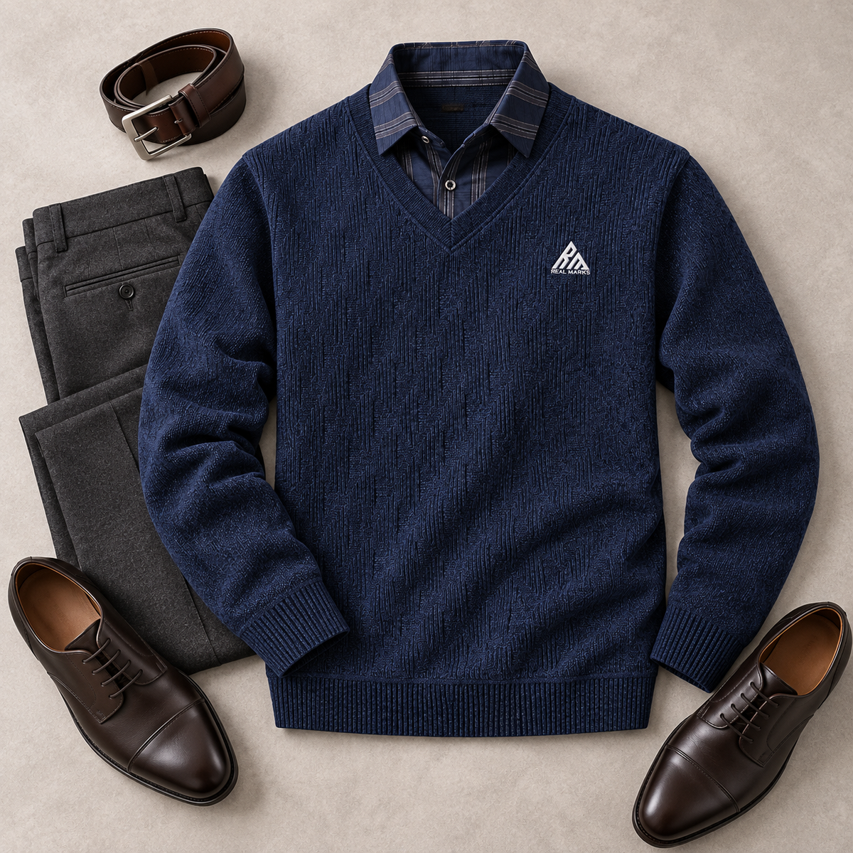 Real Marks navy V-neck knit sweater flat lay