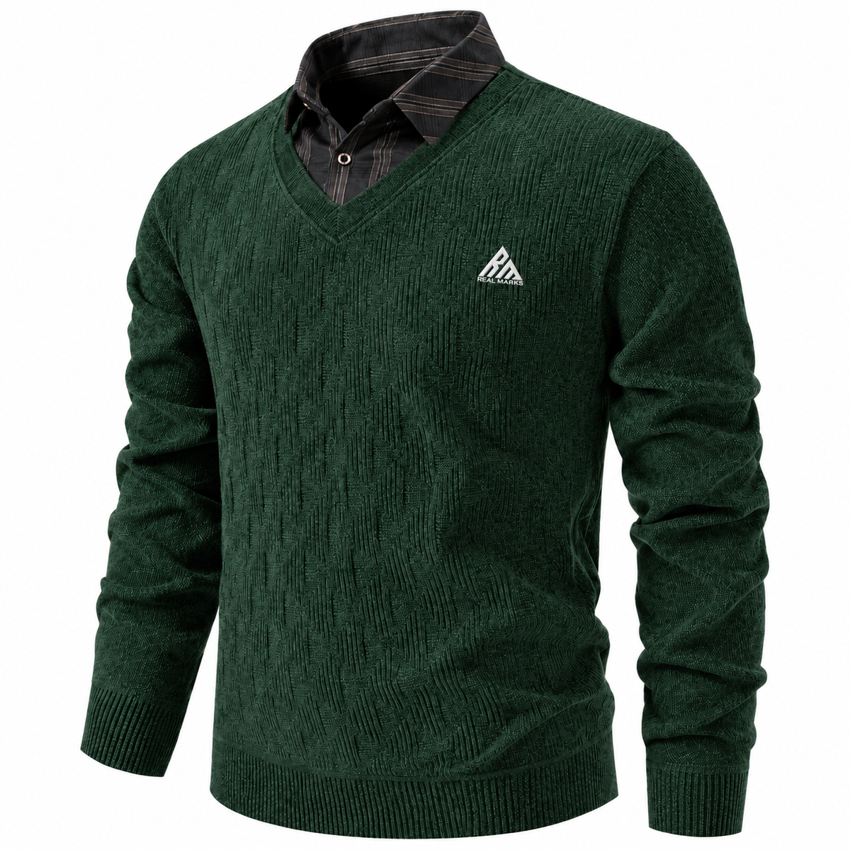 Real Marks men's V-neck knit sweater in forest green