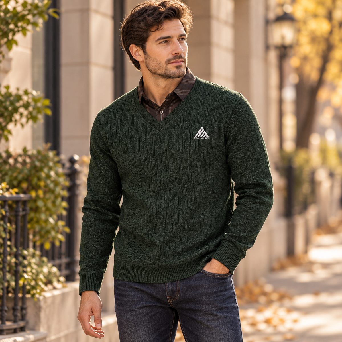Man wearing Real Marks forest green V-neck knit sweater