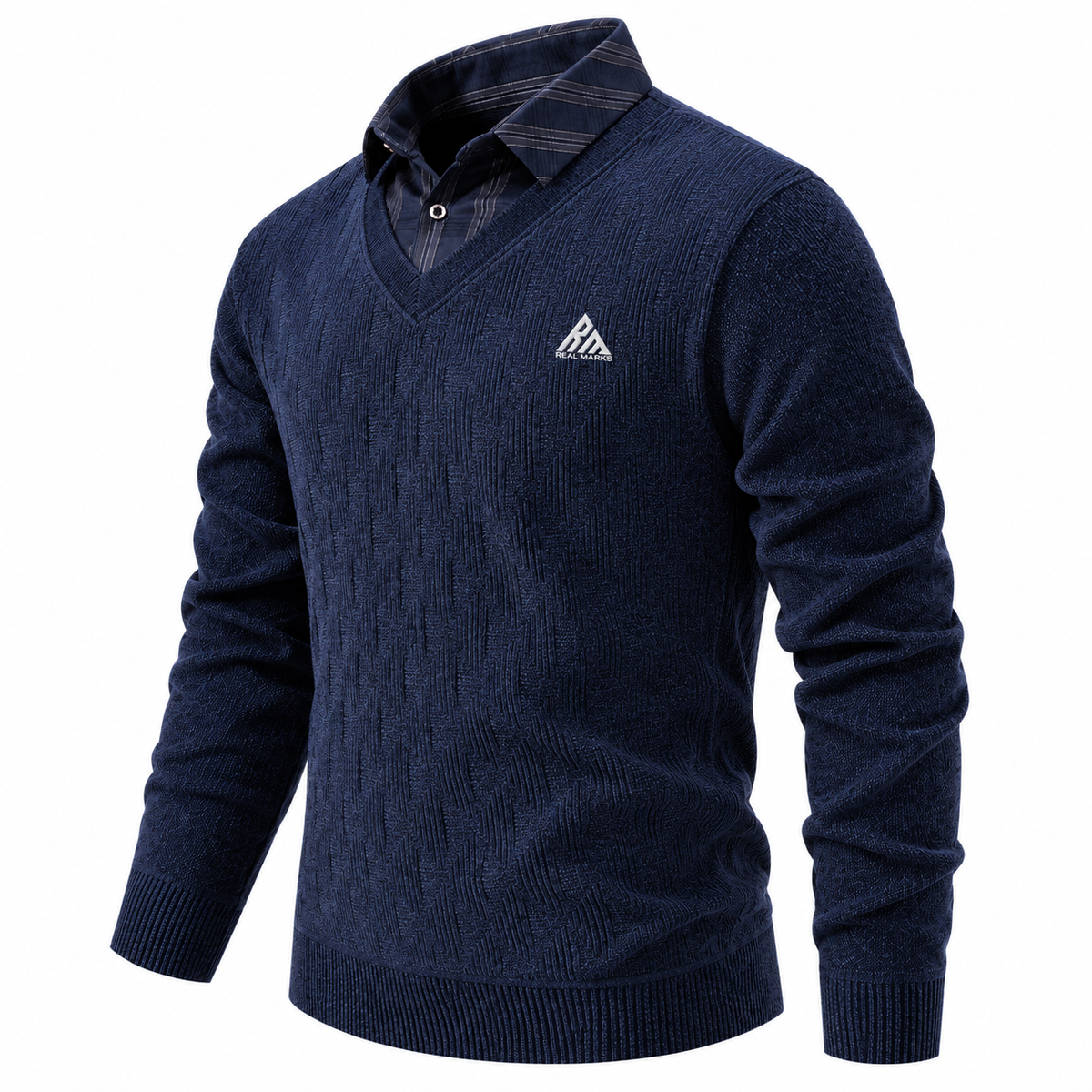 Side view of Real Marks navy V-neck knit sweater