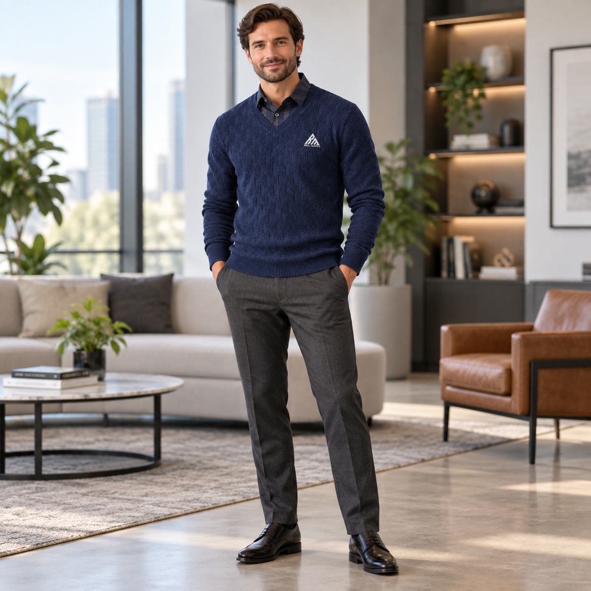 Man wearing Real Marks navy V-neck knit sweater