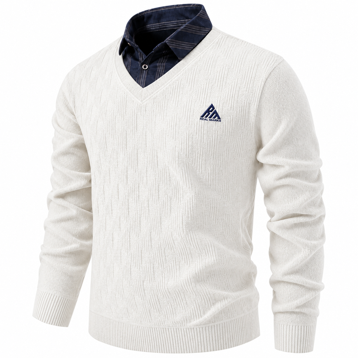 Real Marks men's V-neck knit sweater in white