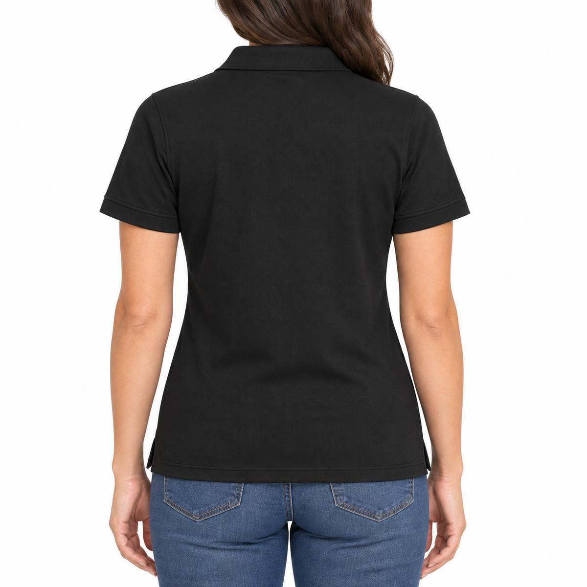 Real Marks women's classic logo polo in black, back view