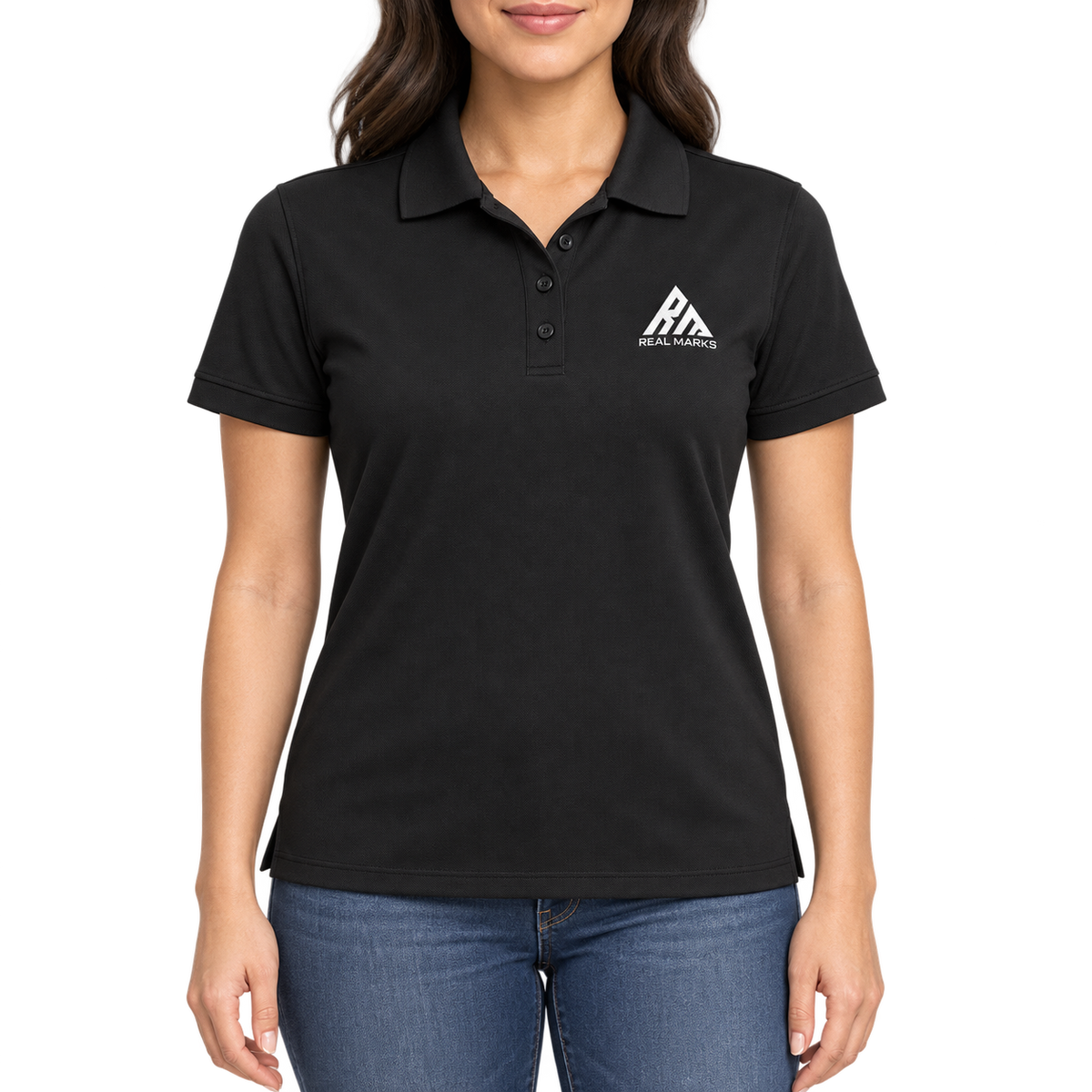 Real Marks women's classic logo polo in black, front view