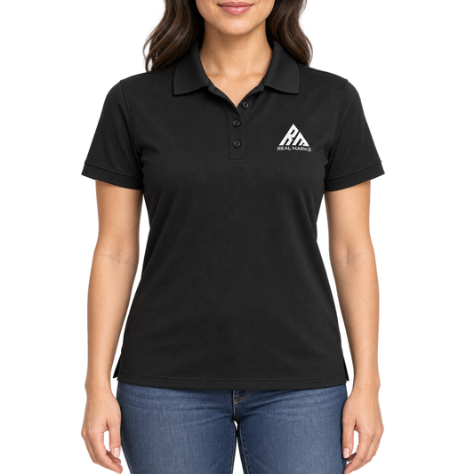 Real Marks women's classic logo polo in black, front view