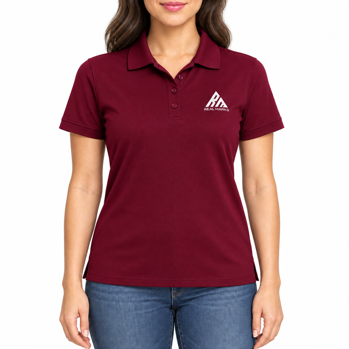 Real Marks women's classic logo polo in burgundy