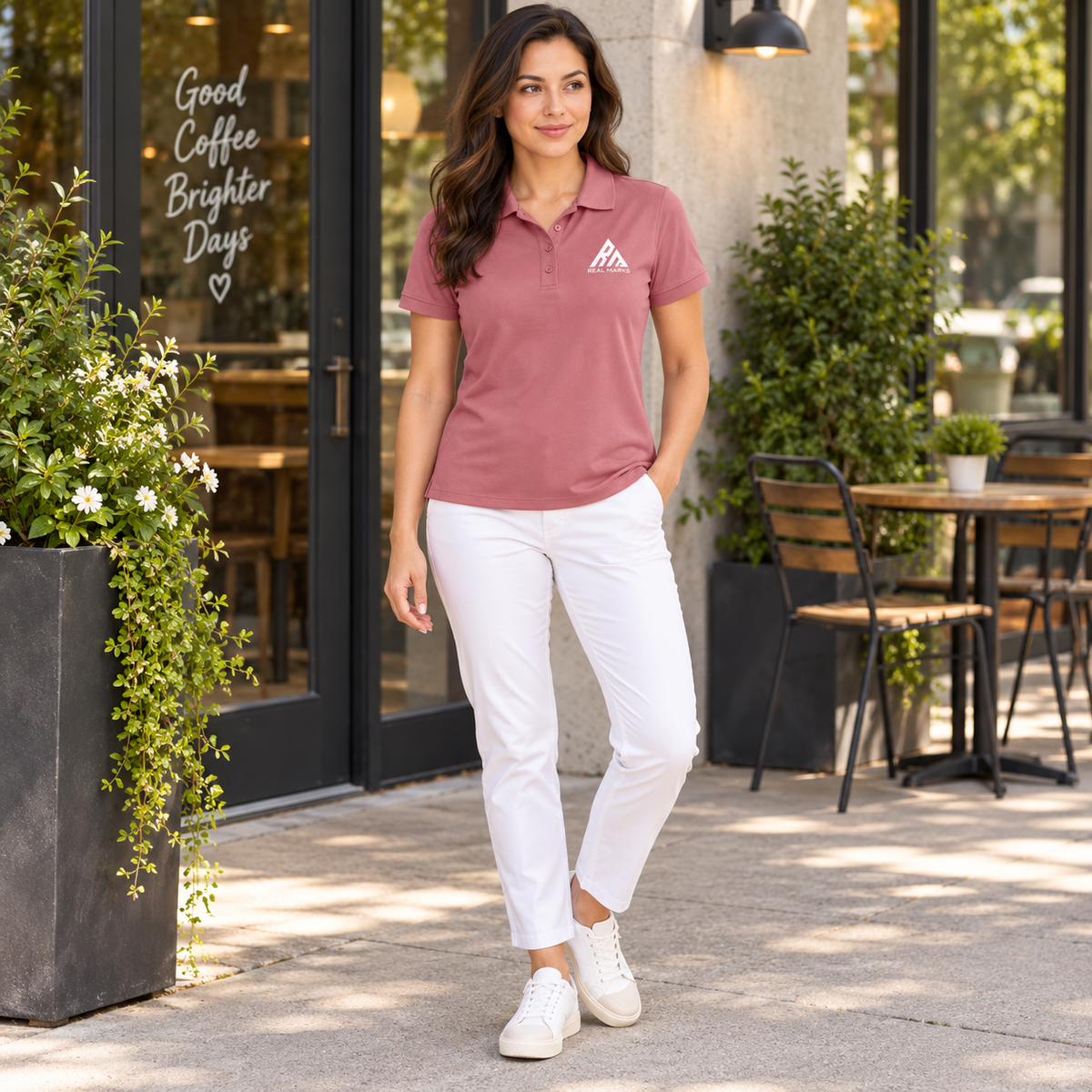 Woman wearing the dusty rose Real Marks classic logo polo near a cafe
