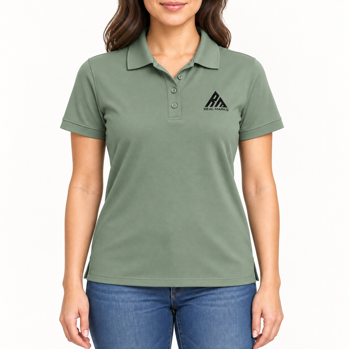 Real Marks women's classic logo polo in sage green