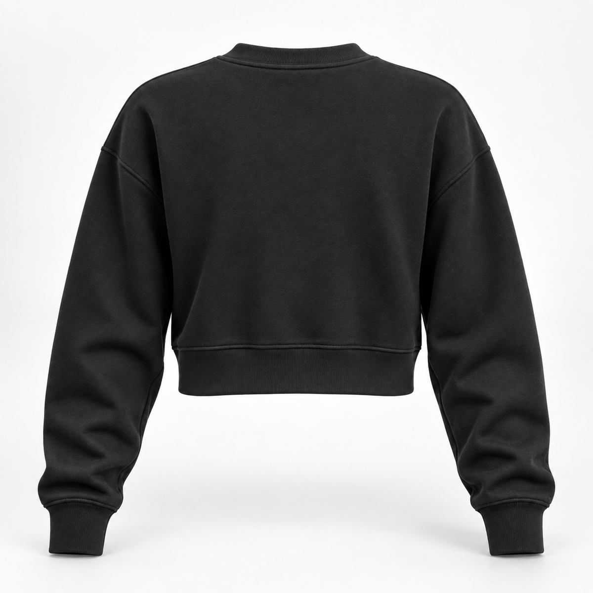 Real Marks women's cropped crewneck sweatshirt in black, back view