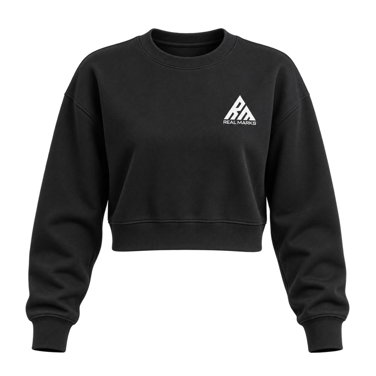 Real Marks women's cropped crewneck sweatshirt in black, front view