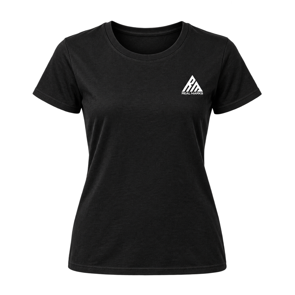Real Marks women's essential logo T-shirt in black, front view