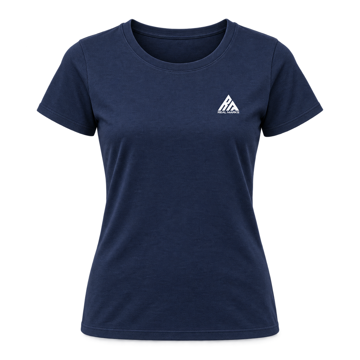 Real Marks women's essential logo T-shirt in deep navy, front view