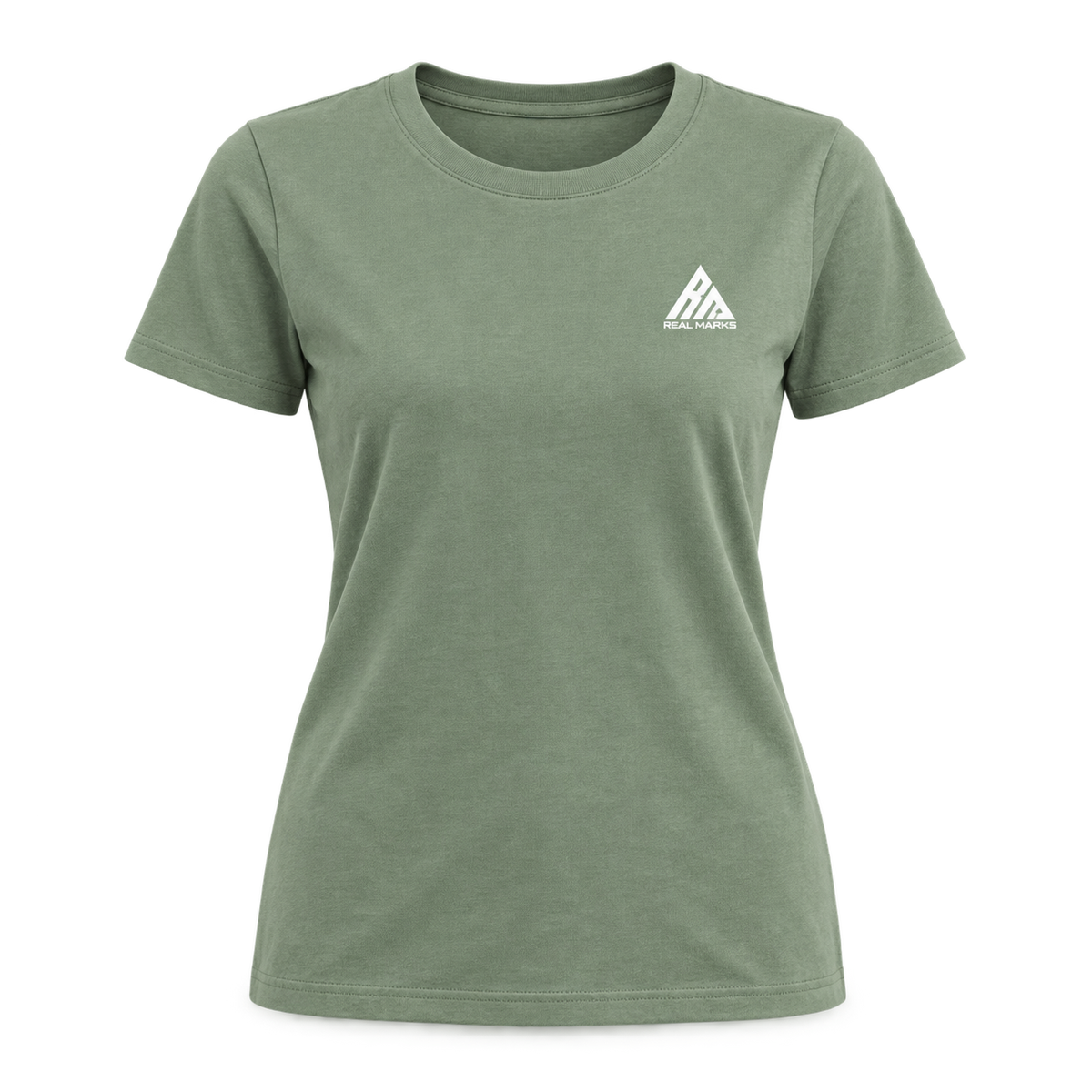 Real Marks women's essential logo T-shirt in muted sage green, front view