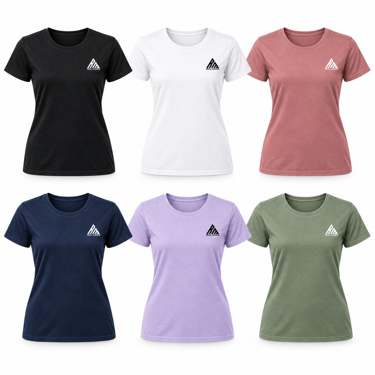 Real Marks women's essential logo T-shirt shown in six color options