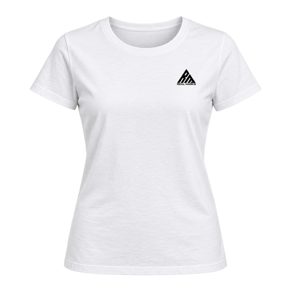 Real Marks women's essential logo T-shirt in white, front view