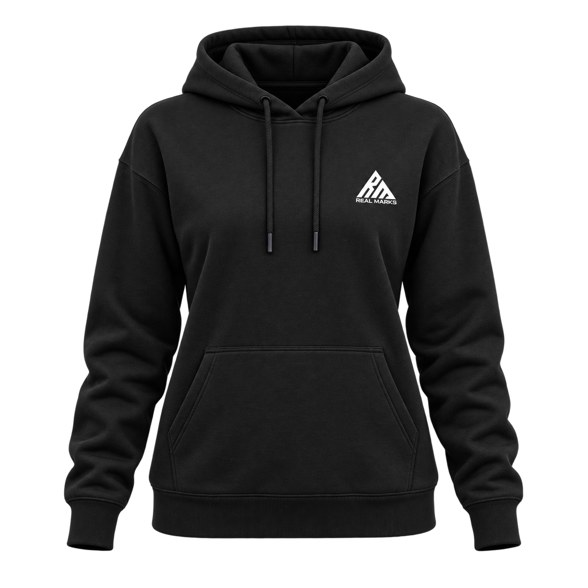 Real Marks women's everyday pullover hoodie in black, front view