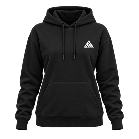 Real Marks women's everyday pullover hoodie in black, front view