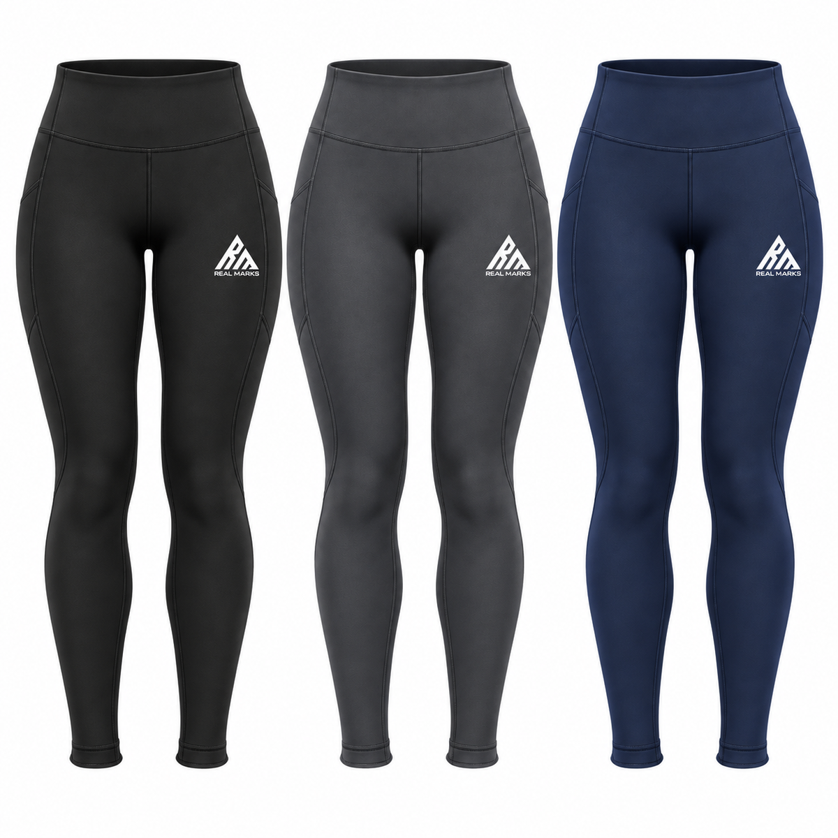 Real Marks Women's High-Waist Active Leggings in black, charcoal and navy