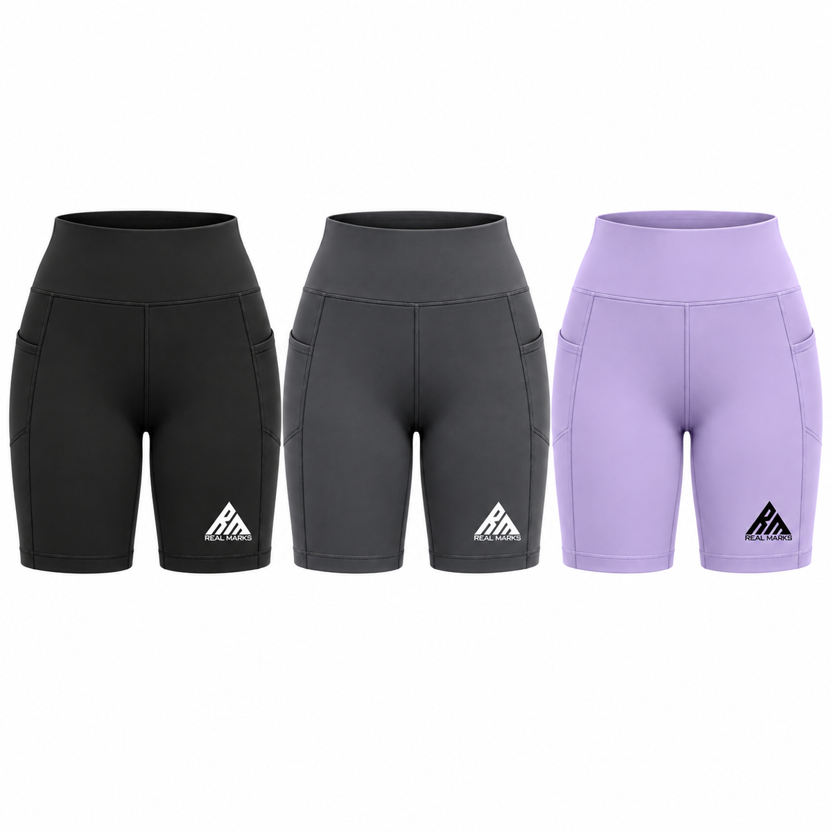 Real Marks Women's High-Waist Active Shorts in black, charcoal and lavender