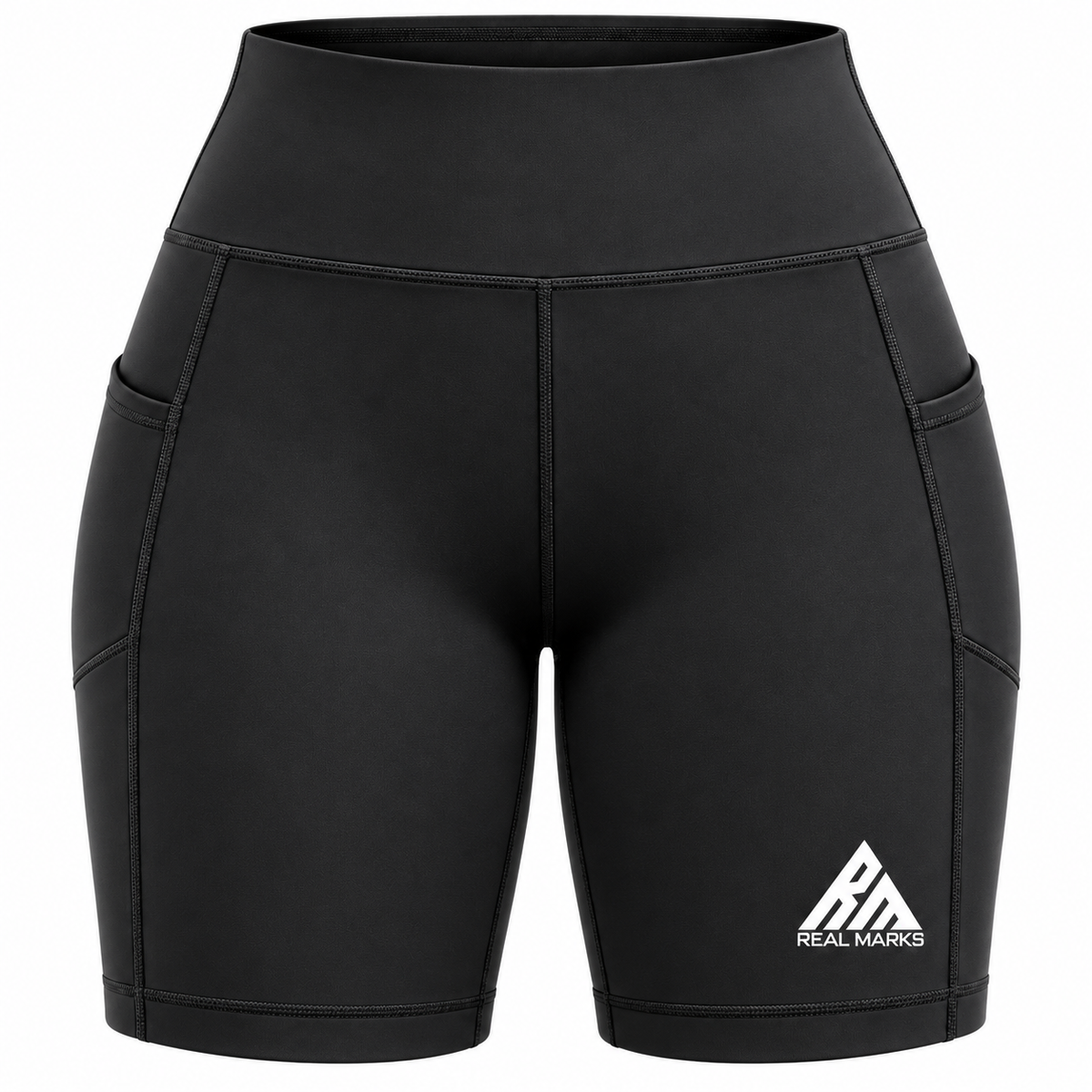 Real Marks Women's High-Waist Active Shorts waistband, seams and pocket detail