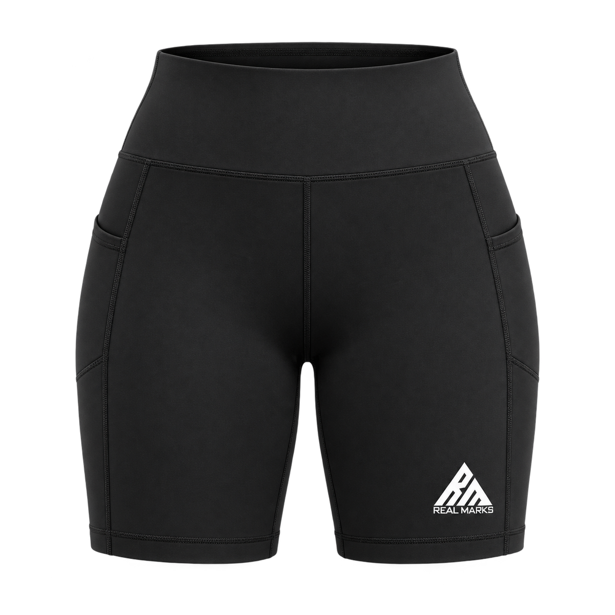 Real Marks Women's High-Waist Active Shorts in black, front view