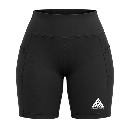 Real Marks Women's High-Waist Active Shorts in black, front view