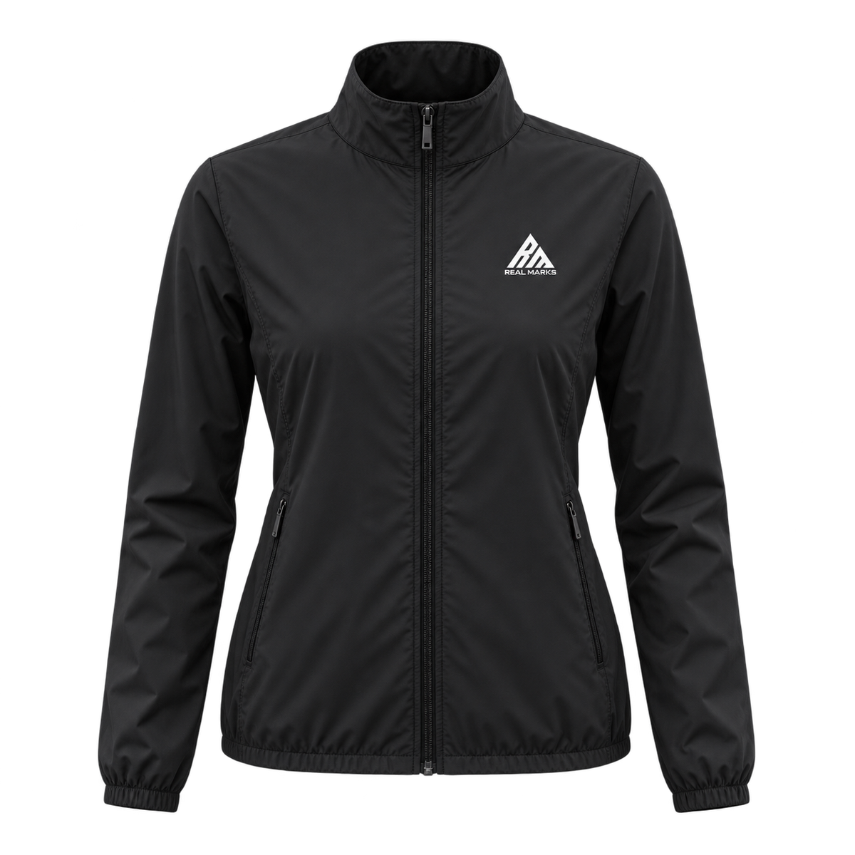 Real Marks women's lightweight zip jacket in black, front view