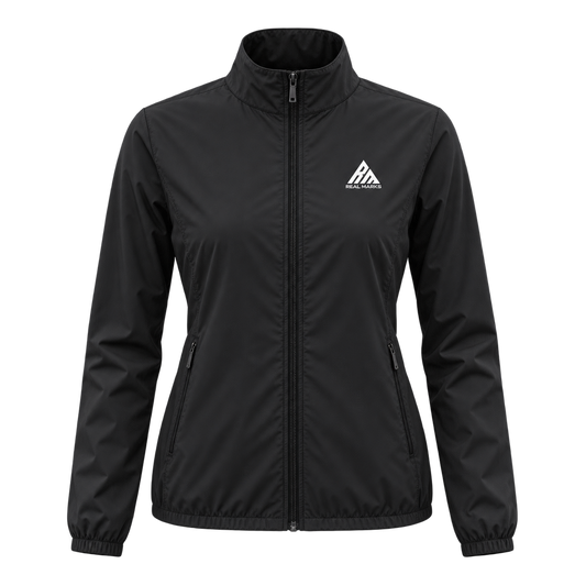 Real Marks women's lightweight zip jacket in black, front view