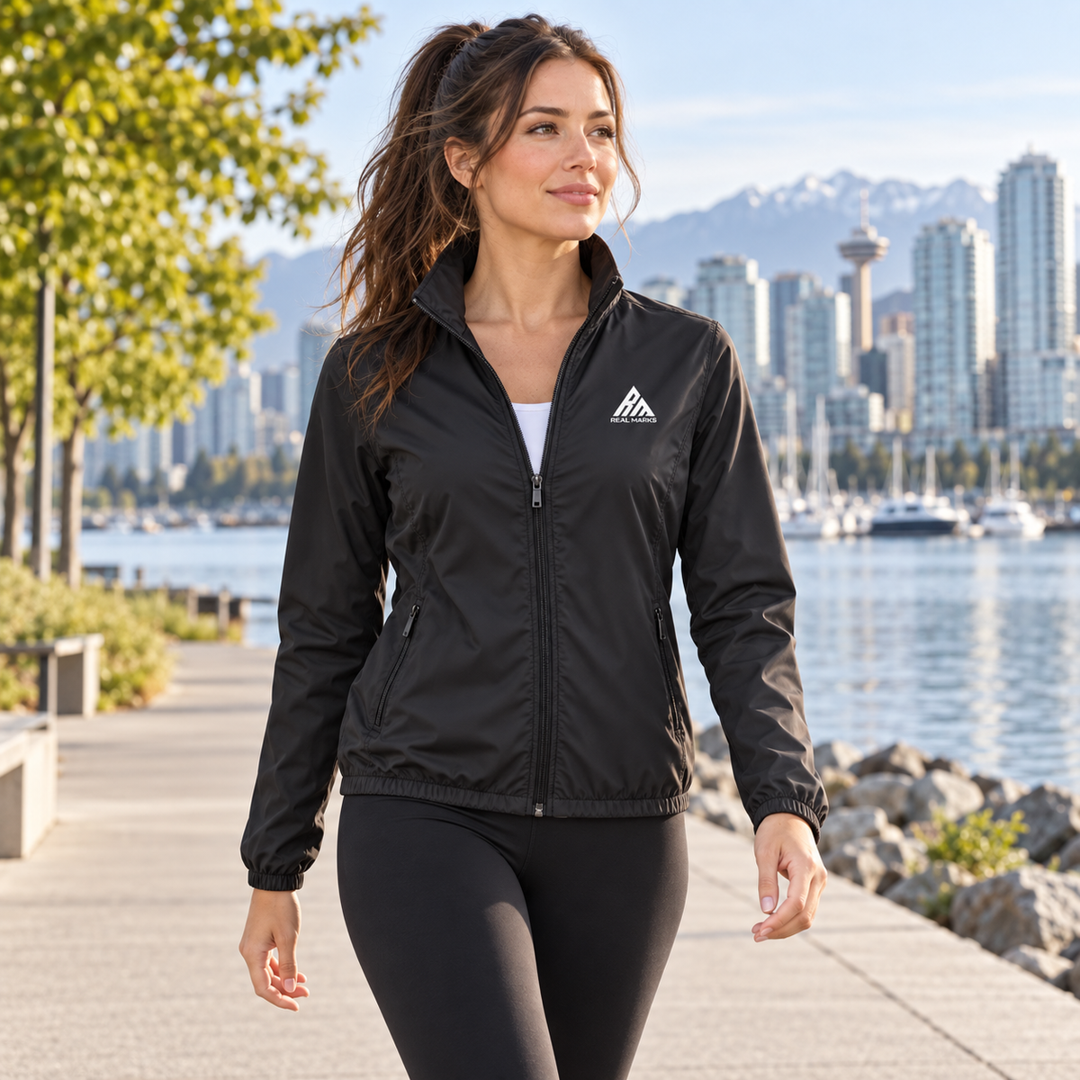 Woman wearing the Real Marks lightweight zip jacket in black