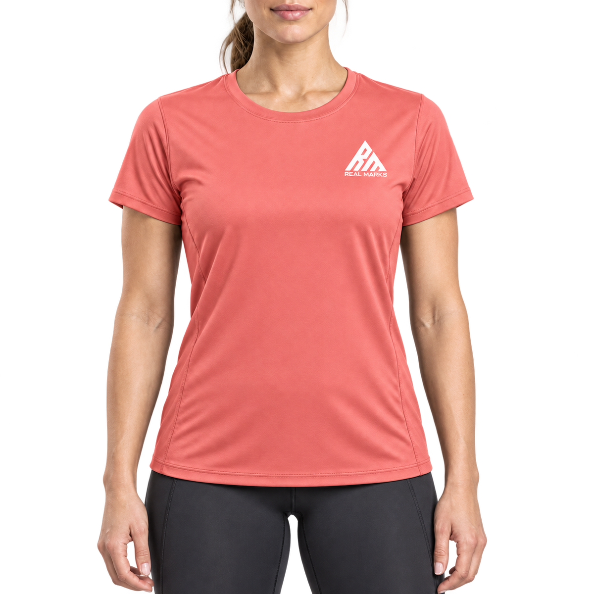 Real Marks women's performance training T-shirt in coral, front view