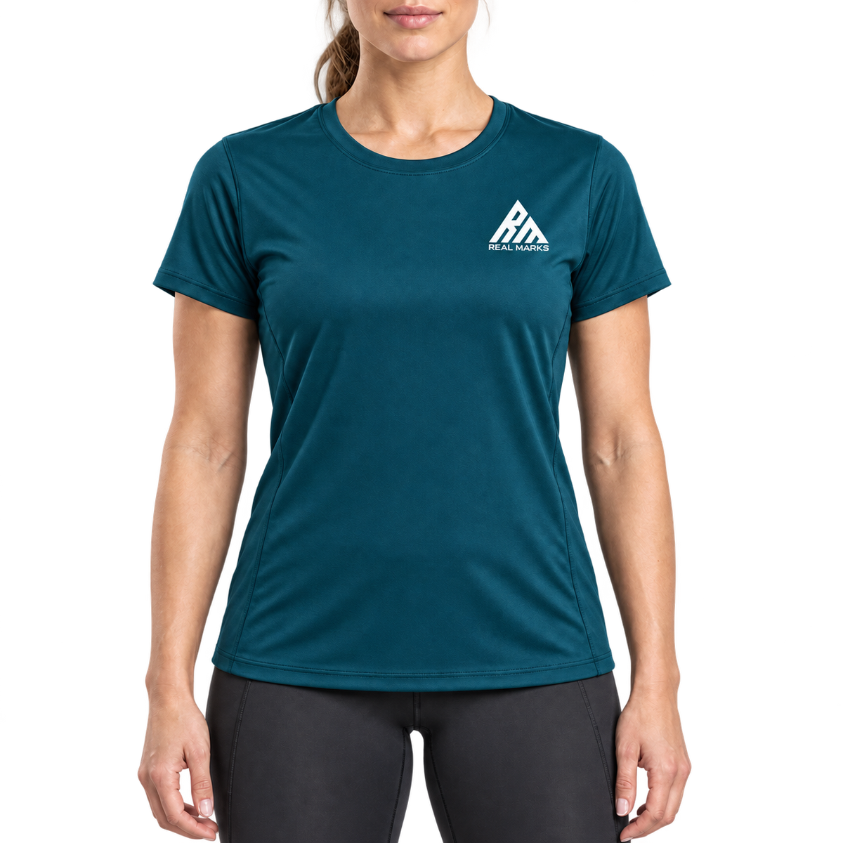 Real Marks women's performance training T-shirt in deep teal, front view
