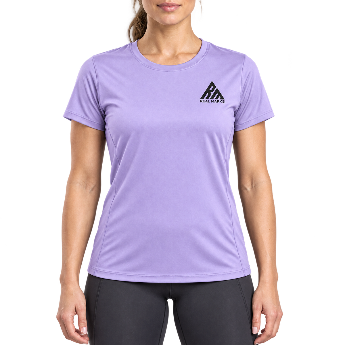 Real Marks women's performance training T-shirt in lavender, front view